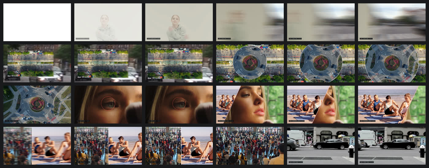 Contact sheet: the frame before, on and after each of the eight joins